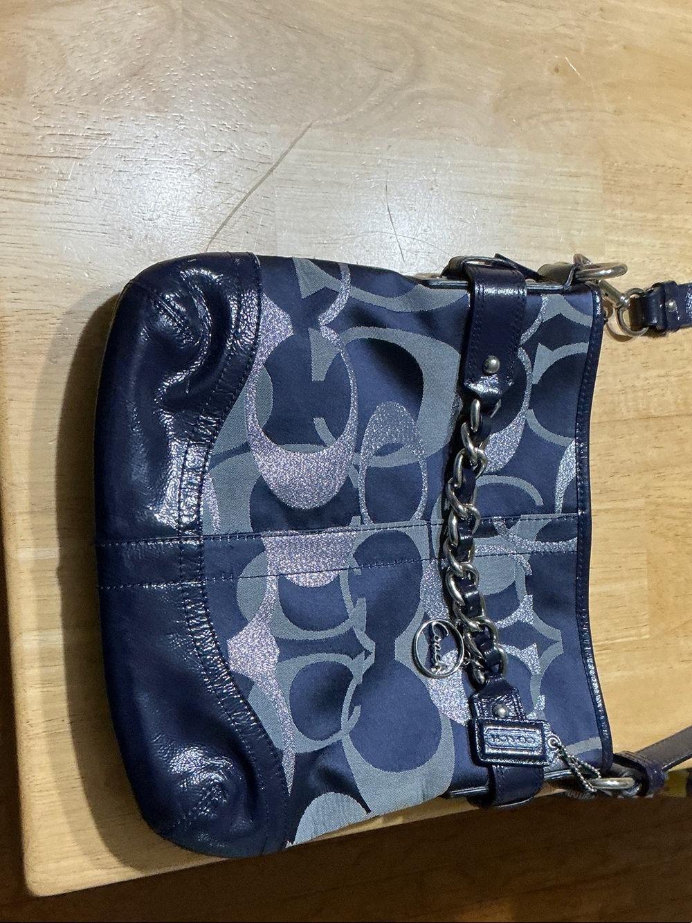 Coach Navy and Gray Signature Chain-Trim Shoulder Bag